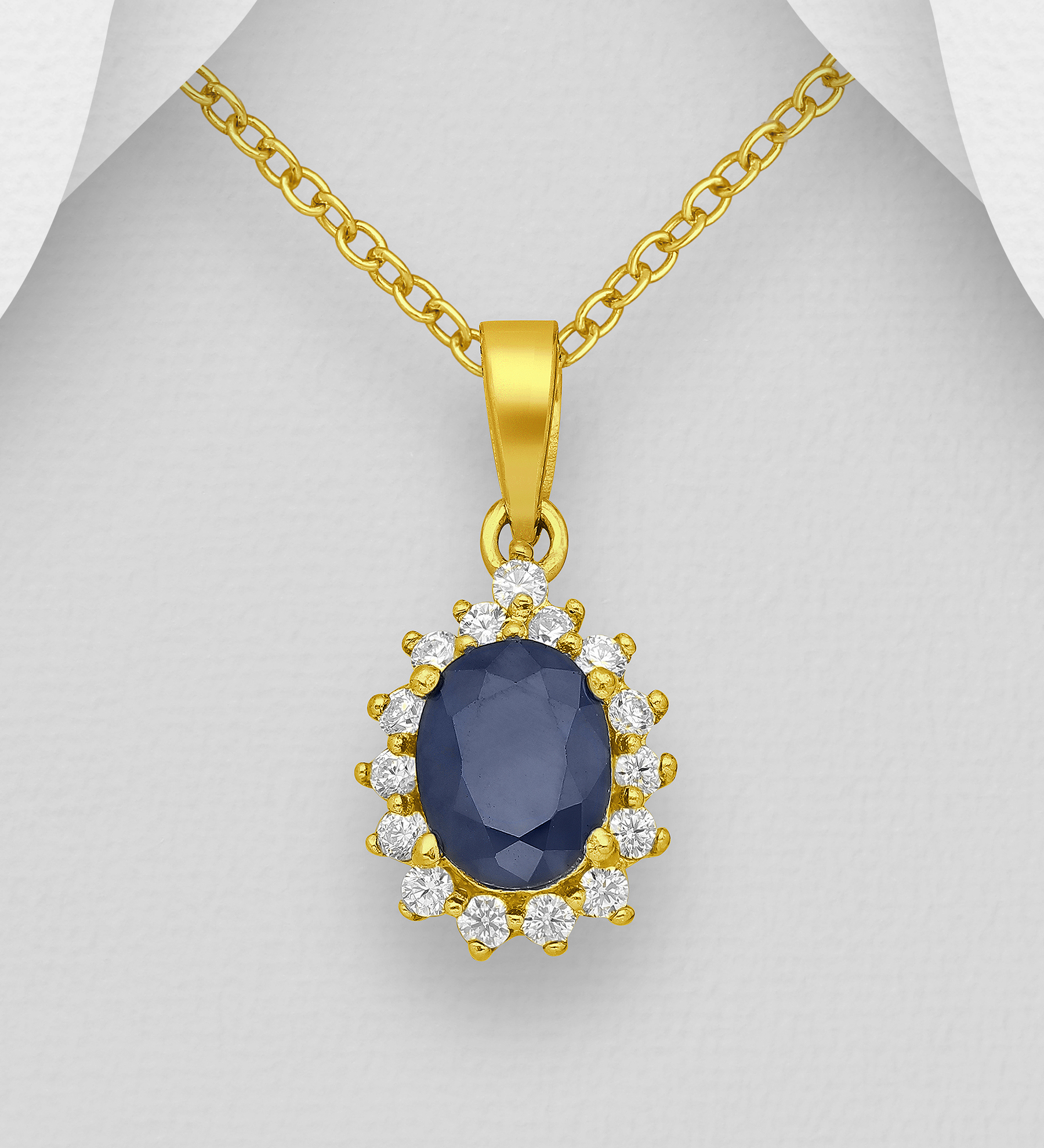 La Preciada - Wholesale 925 Sterling Silver Pendant Decorated with Blue Sapphire and CZ Simulated Diamonds. Plated with 1 Micron 18K Yellow Gold - SKU #1535-1130