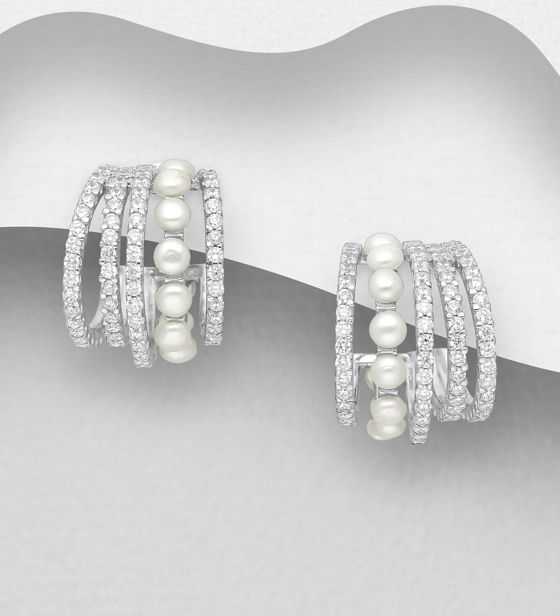 Wholesale 925 Sterling Silver Push-Back Earrings, Decorated with Freshwater Pearls and CZ Simulated Diamonds - SKU #382-5593