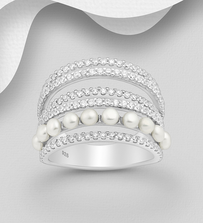 Wholesale 925 Sterling Silver Layered Ring, Decorated with Freshwater Pearls and CZ Simulated Diamonds - SKU #382-5594