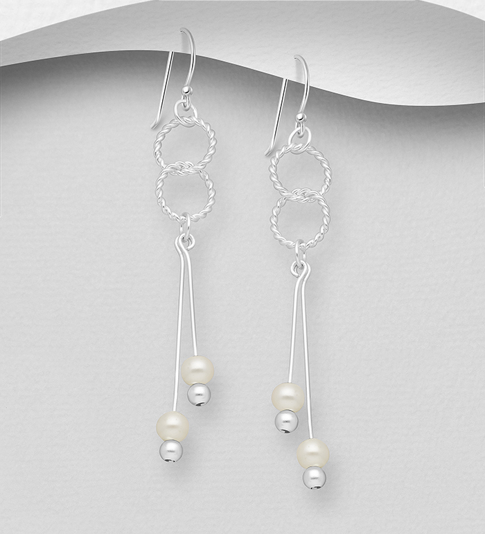 Wholesale 925 Sterling Silver Links Hook Earrings, Beaded with Freshwater Pearls - SKU #382-5600
