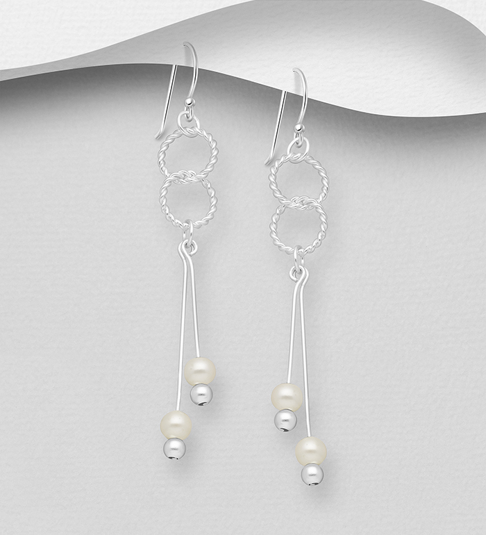 Wholesale 925 Sterling Silver Links Hook Earrings, Beaded with Freshwater Pearls - SKU #382-5600