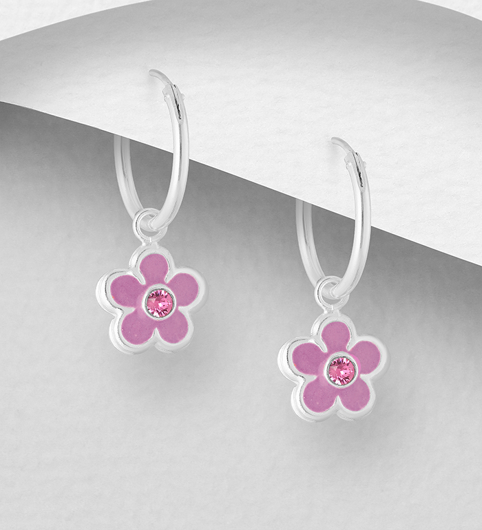 Wholesale 925 Sterling Silver Flower Earrings, Decorated with Various Colored Enamel and Crystal Glass - SKU #1068-1792