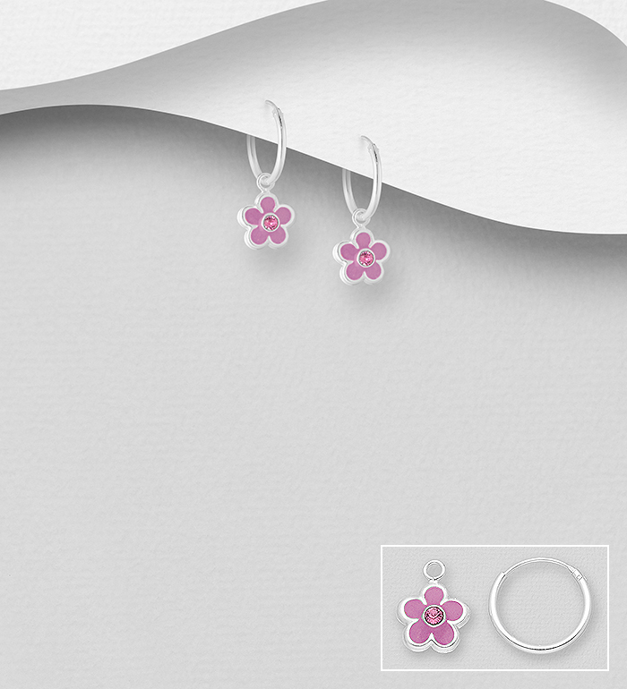 Wholesale 925 Sterling Silver Flower Earrings, Decorated with Various Colored Enamel and Crystal Glass - SKU #1068-1792