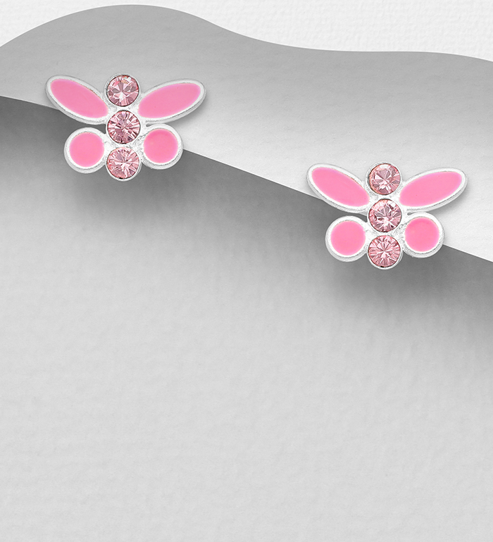 Wholesale 925 Sterling Silver Butterfly Push-Back Earrings, Decorated with Various Colored Enamel and Crystal Glass - SKU #1068-1797