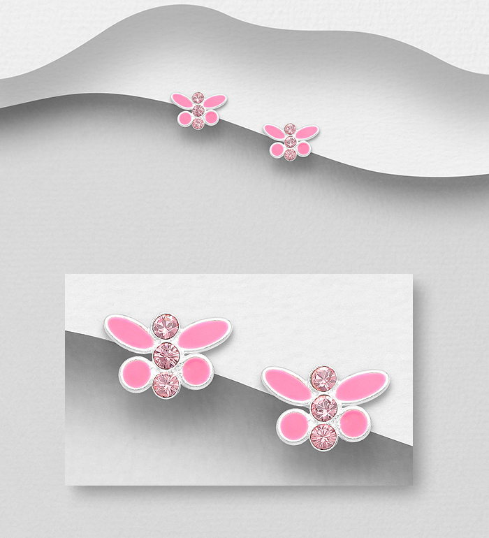 Wholesale 925 Sterling Silver Butterfly Push-Back Earrings, Decorated with Various Colored Enamel and Crystal Glass - SKU #1068-1797