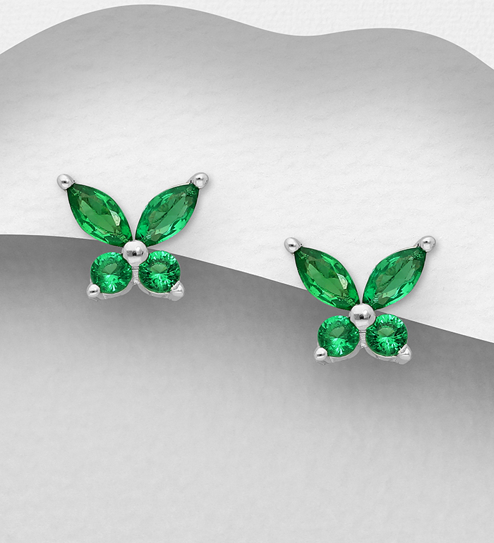 Wholesale 925 Sterling Silver Butterfly Push-Back Earrings, Decorated with Blue or Forest Green CZ Simulated Diamonds - SKU #701-24611