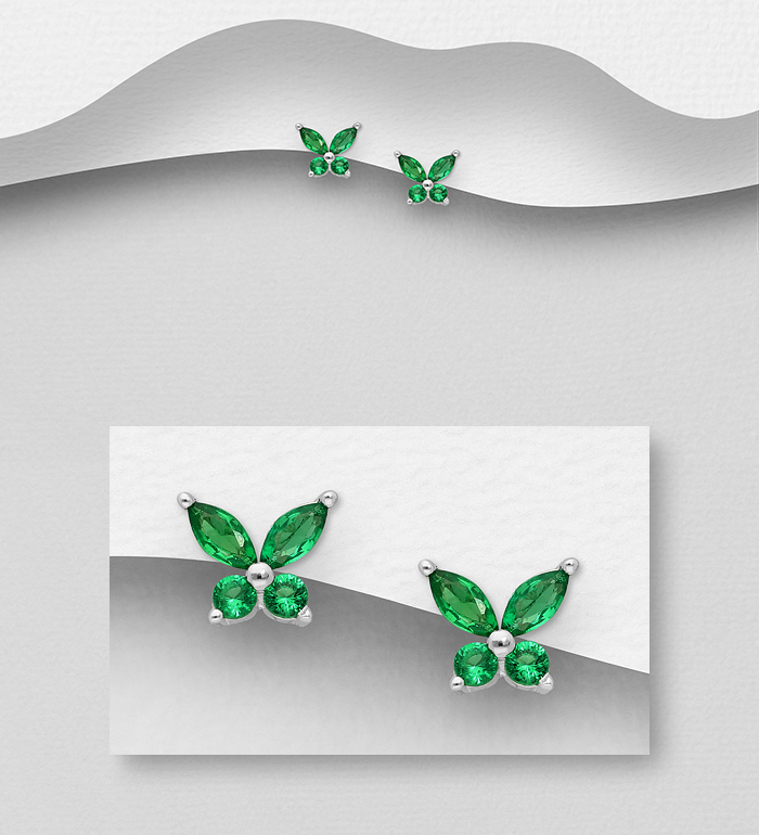 Wholesale 925 Sterling Silver Butterfly Push-Back Earrings, Decorated with Blue or Forest Green CZ Simulated Diamonds - SKU #701-24611