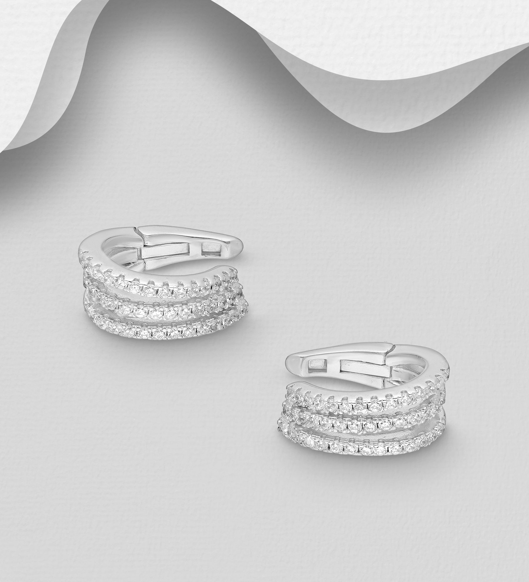 Wholesale 925 Sterling Silver Hinge Ear Cuffs, Decorated with CZ Simulated Diamonds - SKU #701-24621