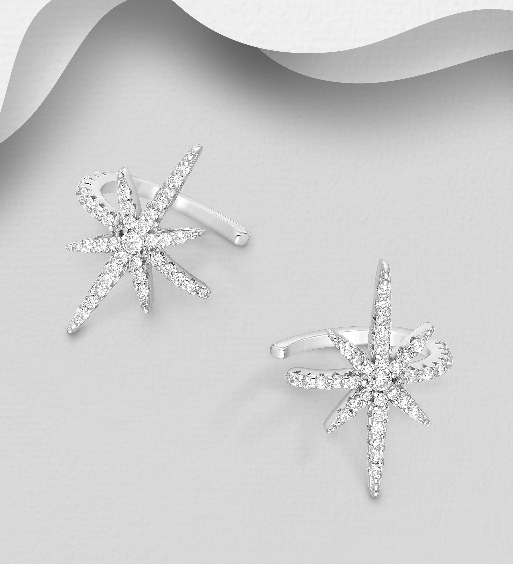 Wholesale 925 Sterling Silver Star Ear Cuffs, Decorated with CZ Simulated Diamonds - SKU #701-24625