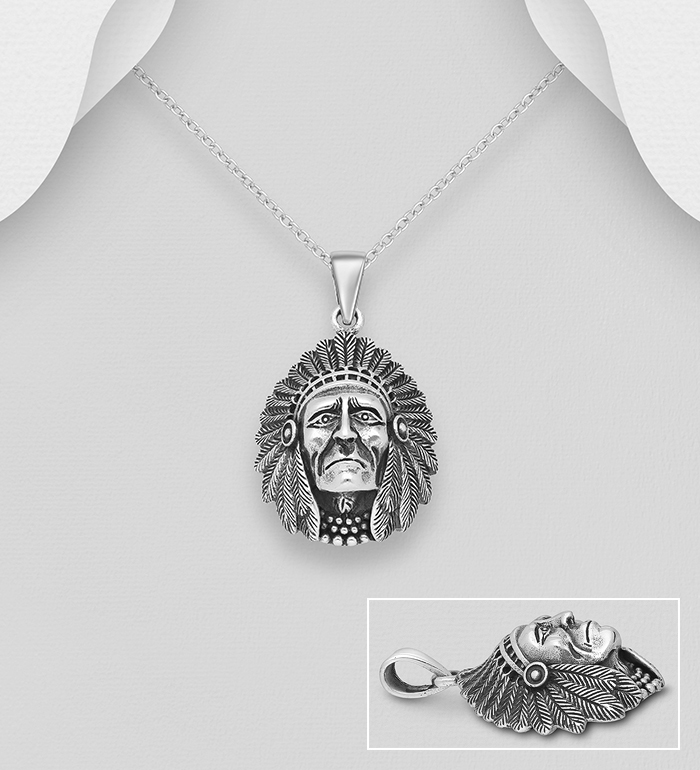 Wholesale 925 Sterling Silver Oxidized Indian Head Pendant - SKU #1563-807