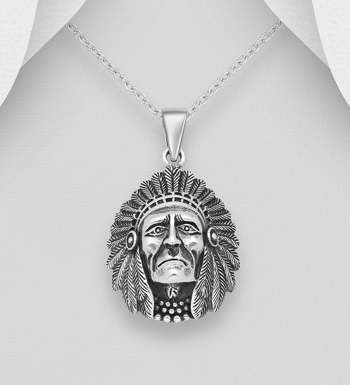 Wholesale 925 Sterling Silver Oxidized Indian Head Pendant - SKU #1563-807