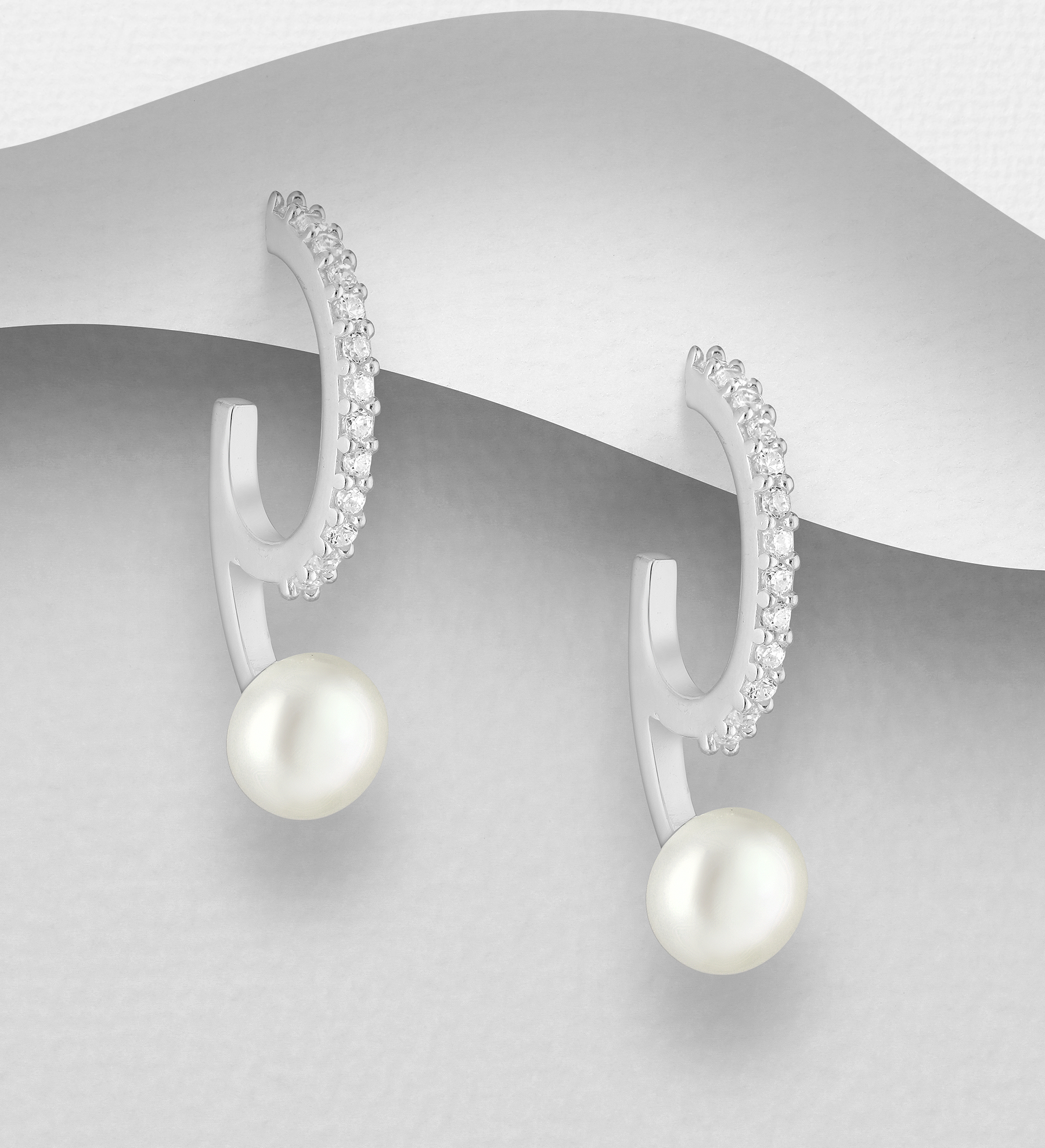 Wholesale 925 Sterling Silver Push-Back Earrings, Decorated with Freshwater Pearls and CZ Simulated Diamonds - SKU #382-5621