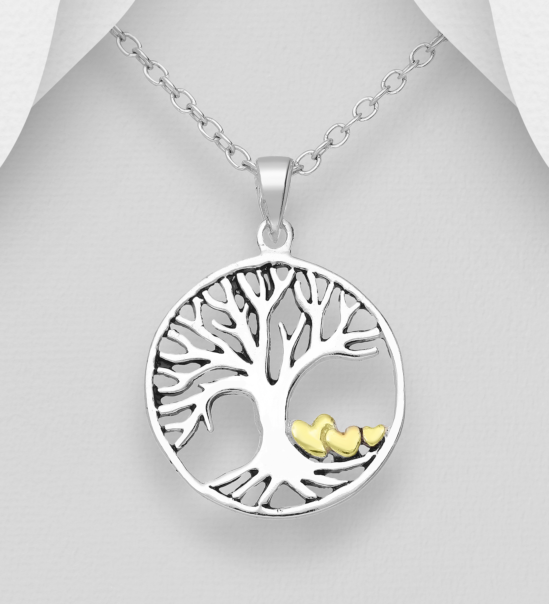Wholesale 925 Sterling Silver Oxidized Tree of Life Pendant, Heart Plated with 14K Yellow Gold - SKU #706-22162B