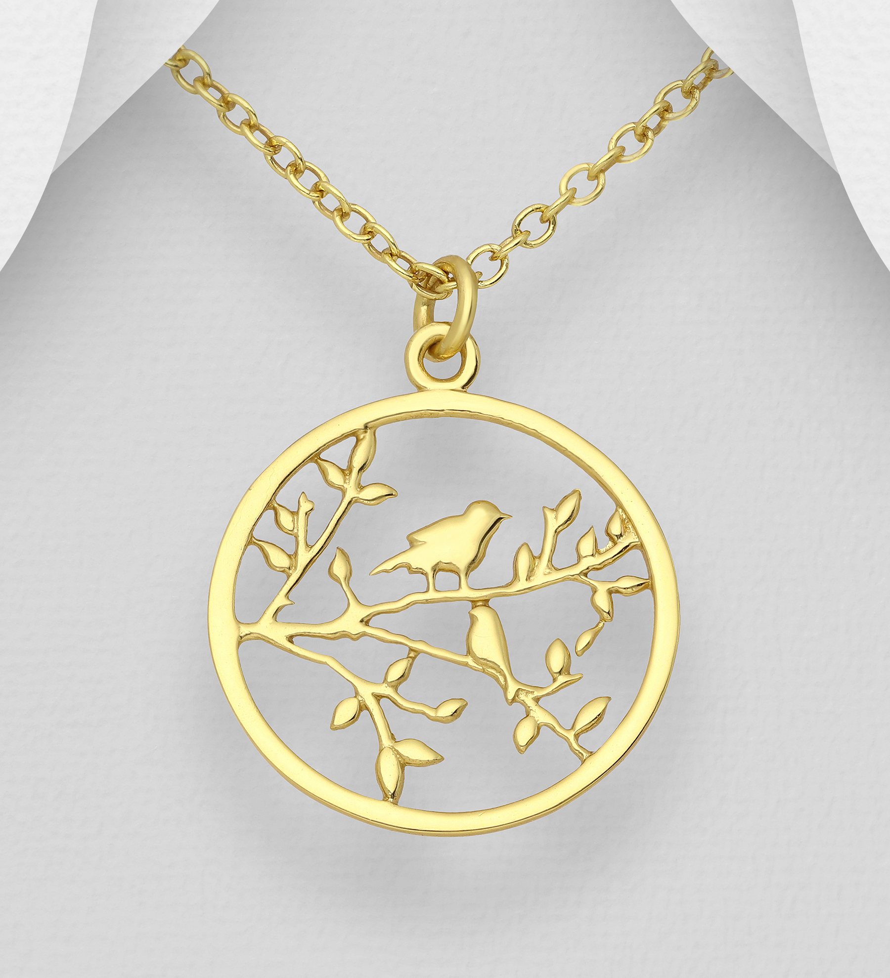 Wholesale 925 Sterling Silver Bird, Branch and Leaf Pendant, Plated with 1 Micron 14K Yellow Gold - SKU #706-29837A