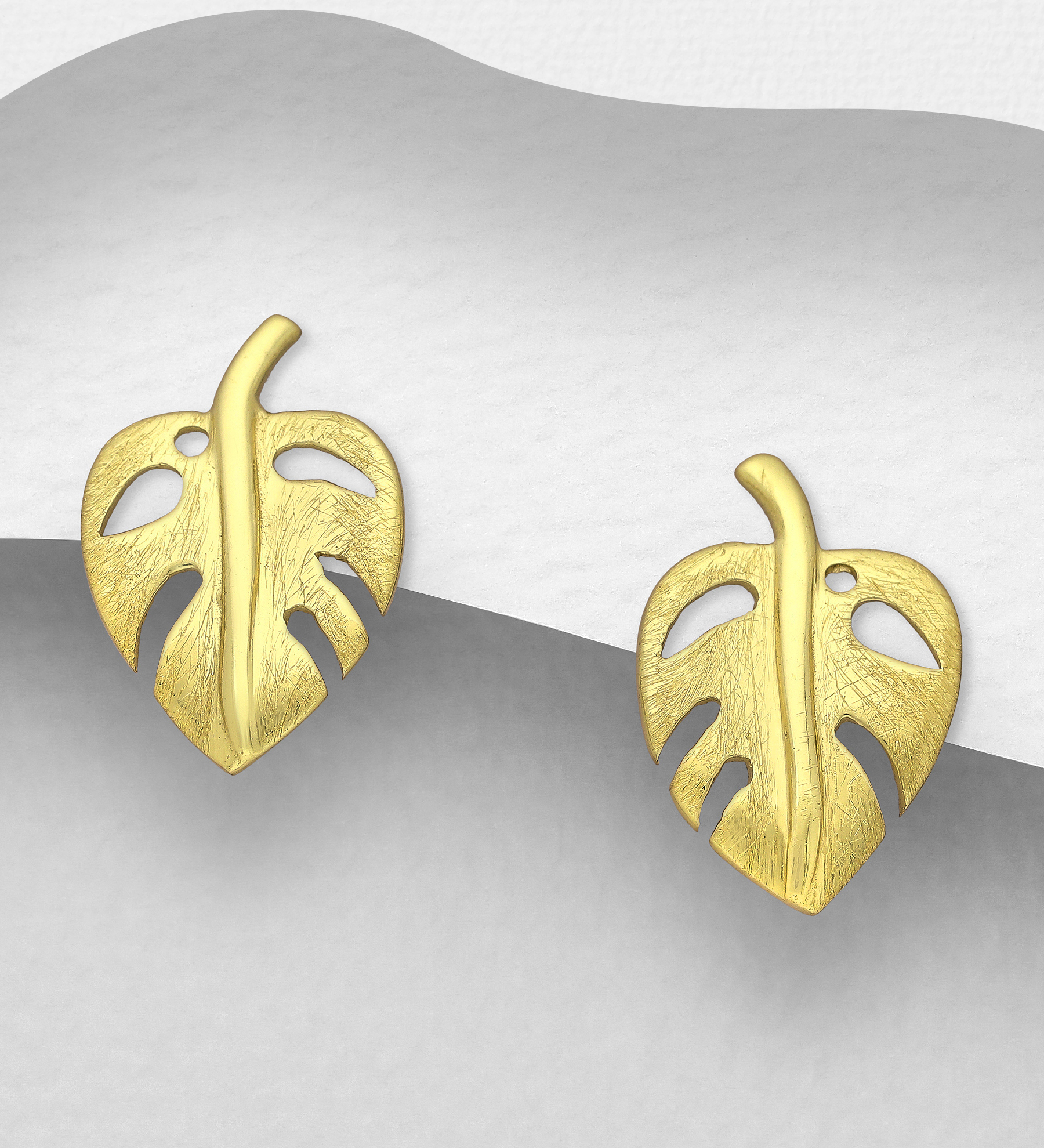 Wholesale 925 Sterling Silver Matte Leaf Push-Back Earrings, Plated with 1 Micron 14K Yellow Gold - SKU #706-25522A