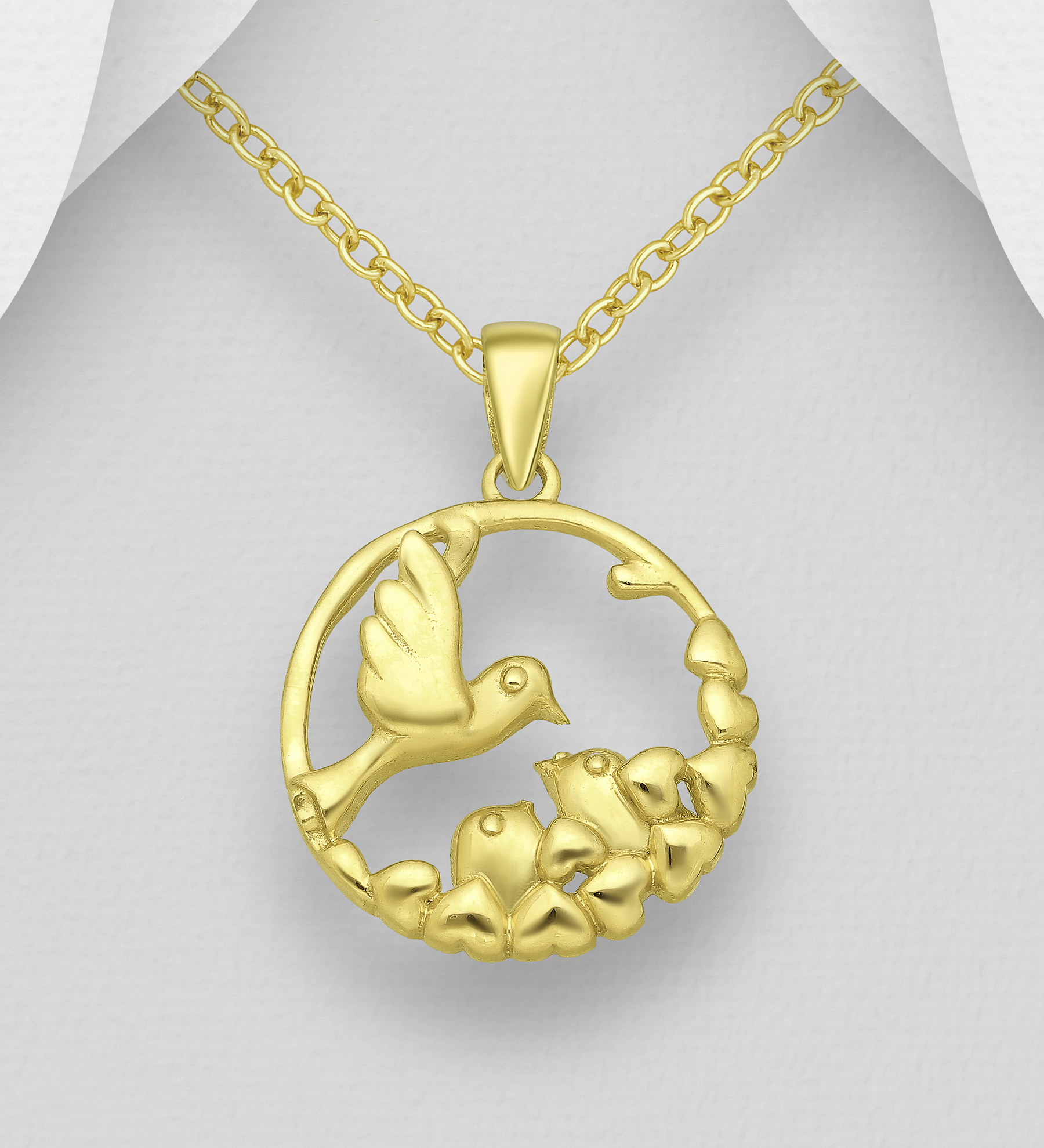 Wholesale 925 Sterling Silver Bird and Heart Pendant, Plated with 1 Micron 14K Yellow Gold - SKU #1063-732B