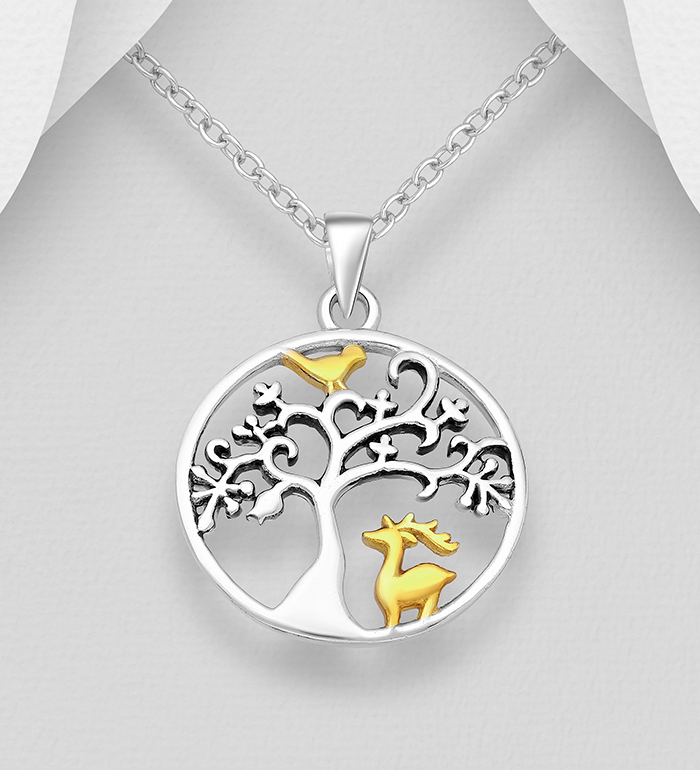 Wholesale 925 Sterling Silver Oxidized Tree of Life Pendant, Bird and Deer Plated with 14K Yellow Gold - SKU #1063-1064B