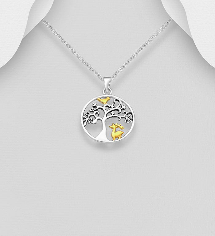 Wholesale 925 Sterling Silver Oxidized Tree of Life Pendant, Bird and Deer Plated with 14K Yellow Gold - SKU #1063-1064B