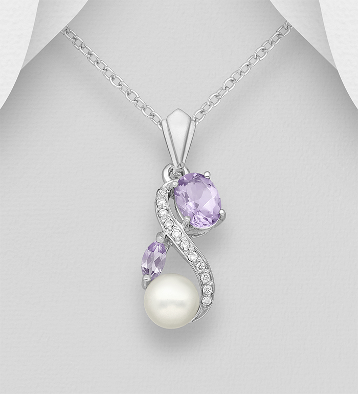 Wholesale 925 Sterling Silver Pendant, Decorated with CZ Simulated Diamonds, Amethyst and Freshwater Pearls - SKU #883-7402