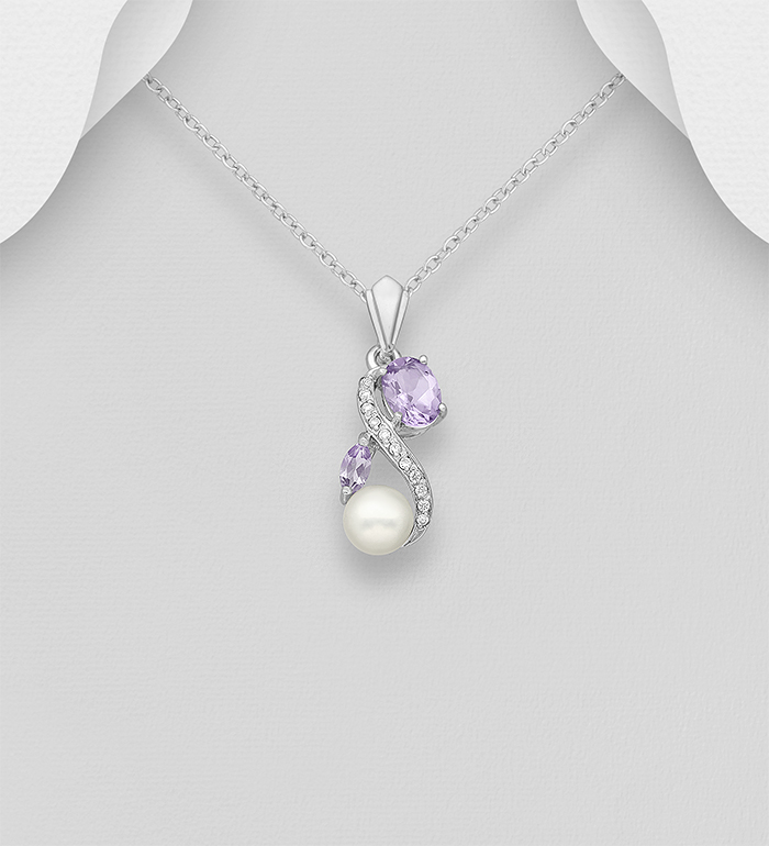 Wholesale 925 Sterling Silver Pendant, Decorated with CZ Simulated Diamonds, Amethyst and Freshwater Pearls - SKU #883-7402