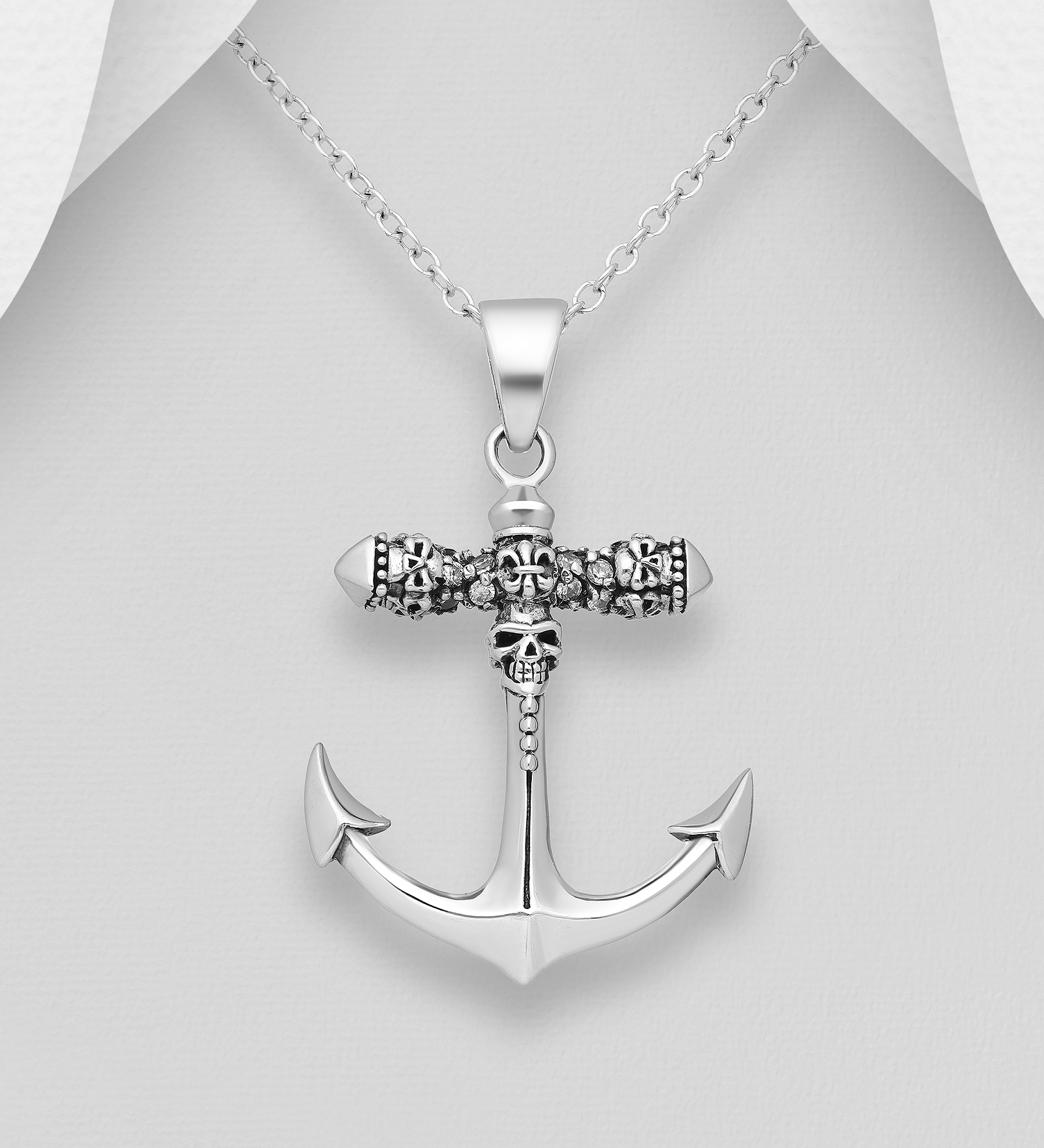 Wholesale 925 Sterling Silver Oxidized Anchor, Fleur De Lis and Skull Pendant - SKU #768-547