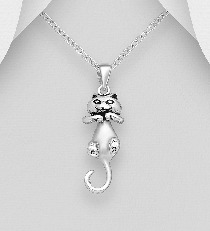 Wholesale 925 Sterling Silver Oxidized Cat Pendant with Swingable Body. - SKU #706-32282