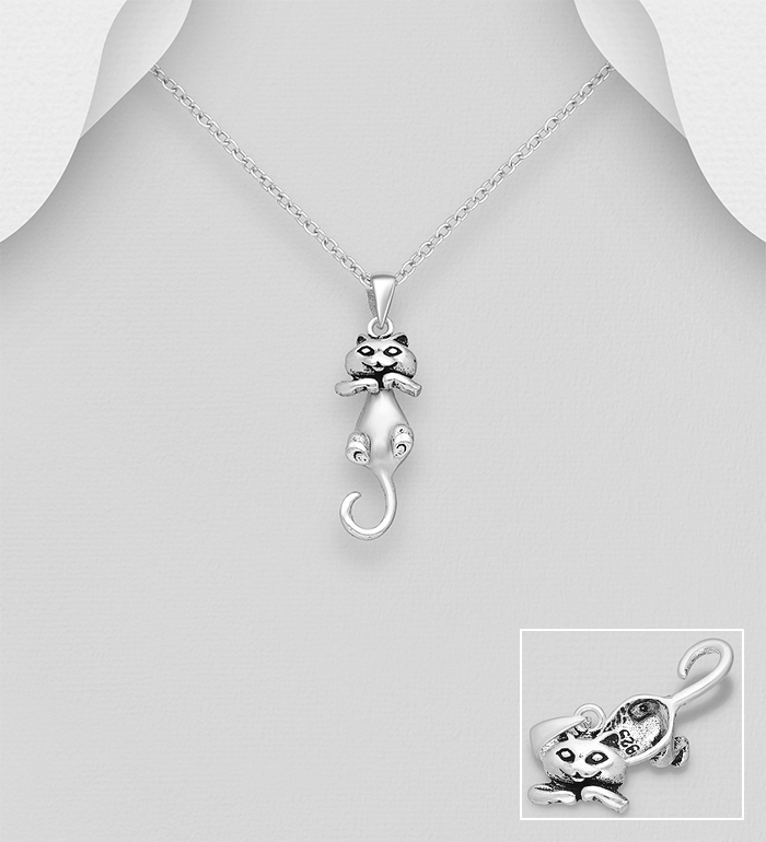 Wholesale 925 Sterling Silver Oxidized Cat Pendant with Swingable Body. - SKU #706-32282
