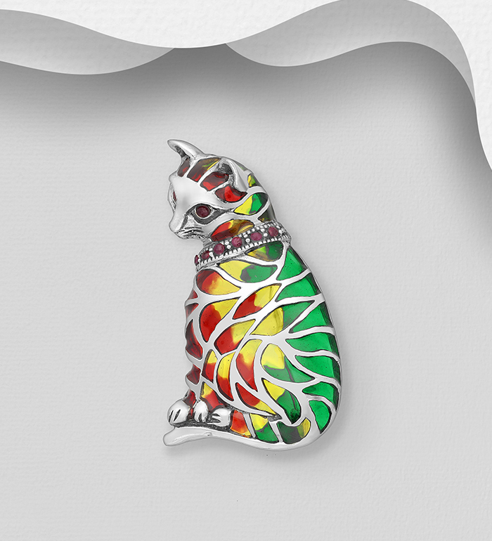Wholesale 925 Sterling Silver Cat Brooch and Pendant, Decorated with Colored Enamel and Ruby - SKU #883-7404