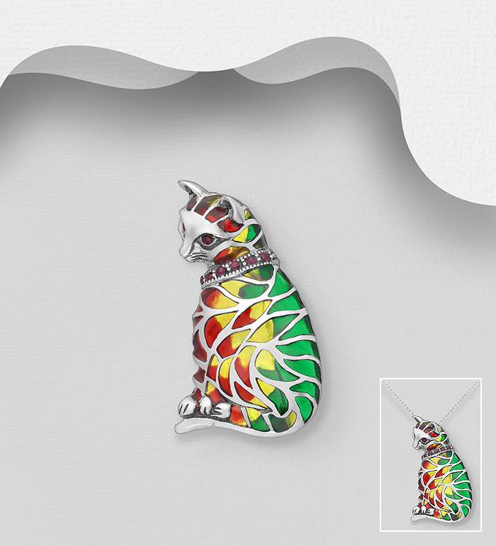 Wholesale 925 Sterling Silver Cat Brooch and Pendant, Decorated with Colored Enamel and Ruby - SKU #883-7404