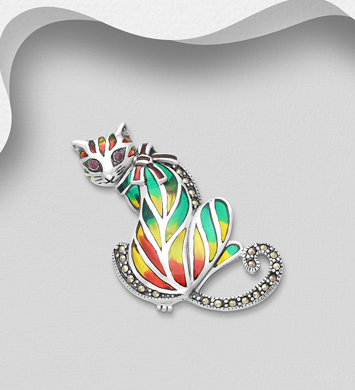 Wholesale 925 Sterling Silver Cat Brooch and Pendant, Decorated with Colored Enamel, Marcasite and Ruby - SKU #565-6906