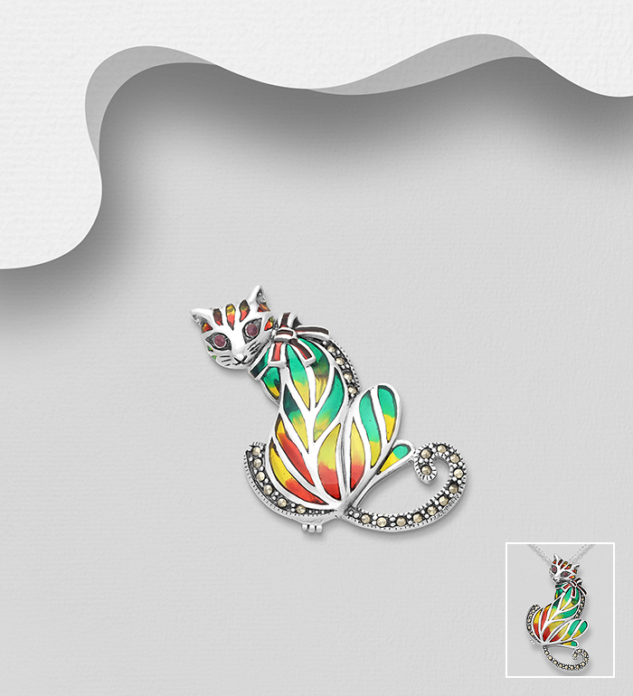 Wholesale 925 Sterling Silver Cat Brooch and Pendant, Decorated with Colored Enamel, Marcasite and Ruby - SKU #565-6906