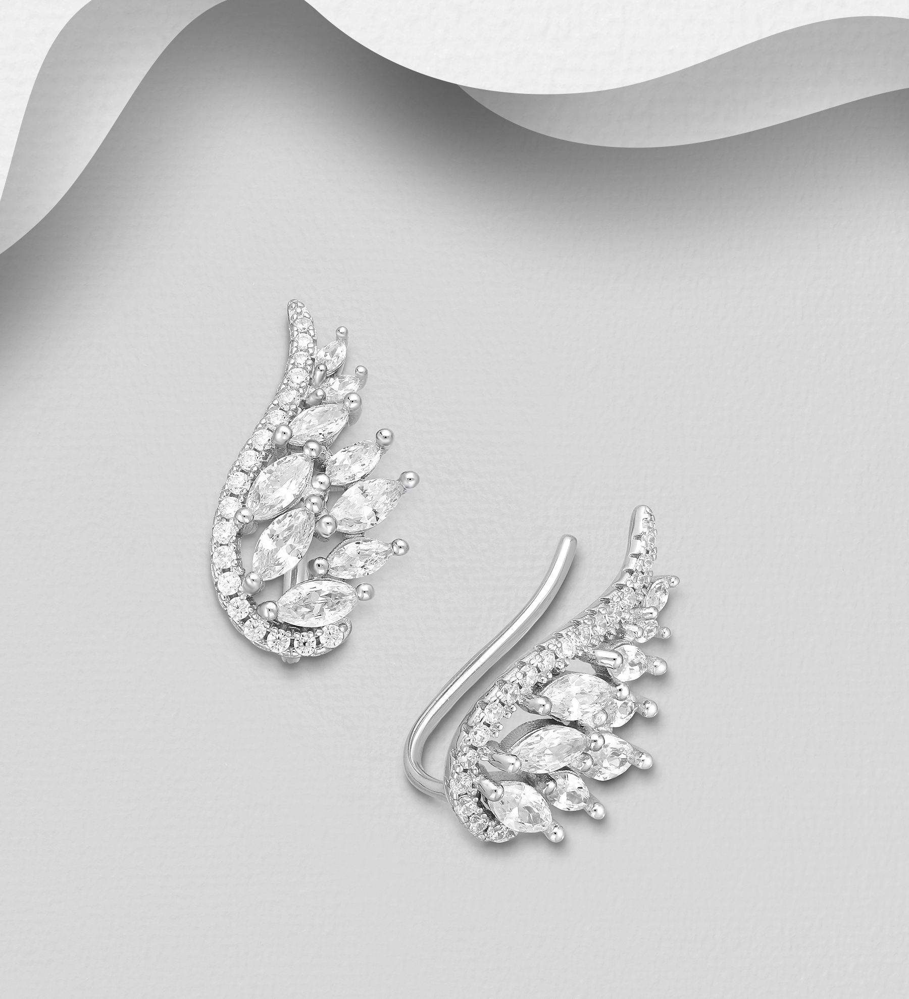 Wholesale 925 Sterling Silver Wings Ear Pins, Decorated with CZ Simulated Diamonds - SKU #701-24736