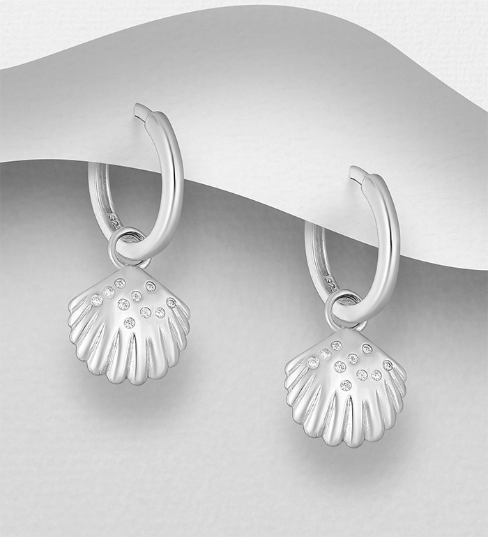 Wholesale 925 Sterling Silver Shell Hoop Earrings, Decorated with CZ Simulated Diamonds - SKU #701-24790