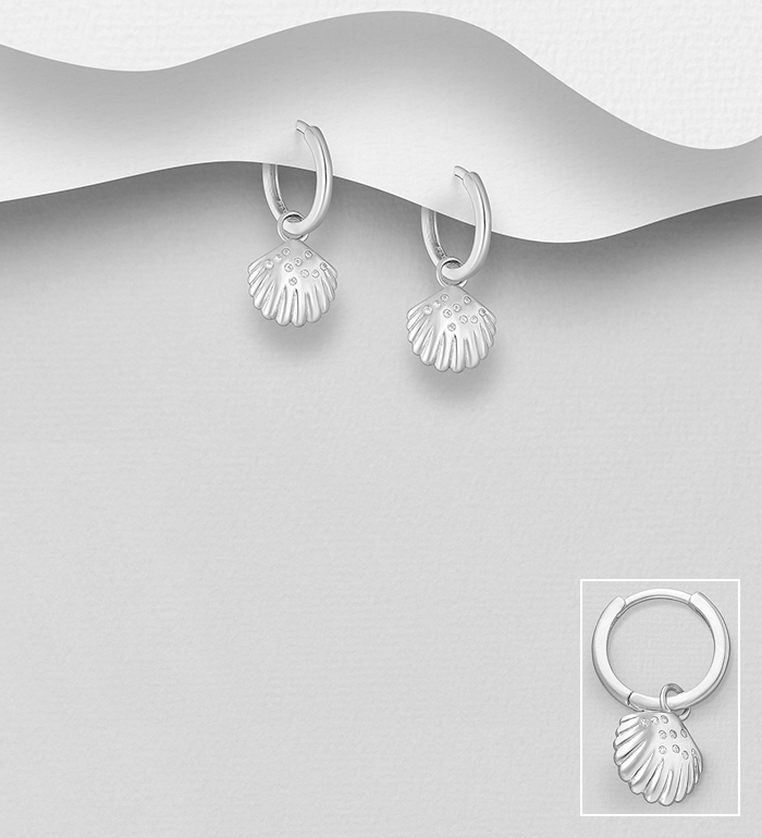 Wholesale 925 Sterling Silver Shell Hoop Earrings, Decorated with CZ Simulated Diamonds - SKU #701-24790