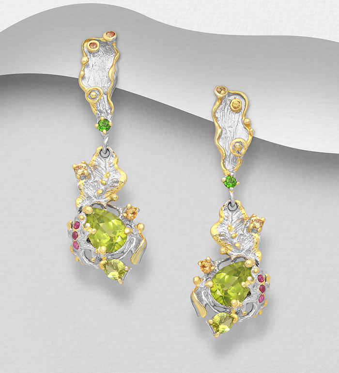 ADIORE JEWELS - Wholesale 925 Sterling Silver Push-Back Earrings, Decorated with Rhodolite, Chrome Diopside and Peridot, Plated with 3 Micron 22K Yellow Gold and White Rhodium - SKU #1916-220