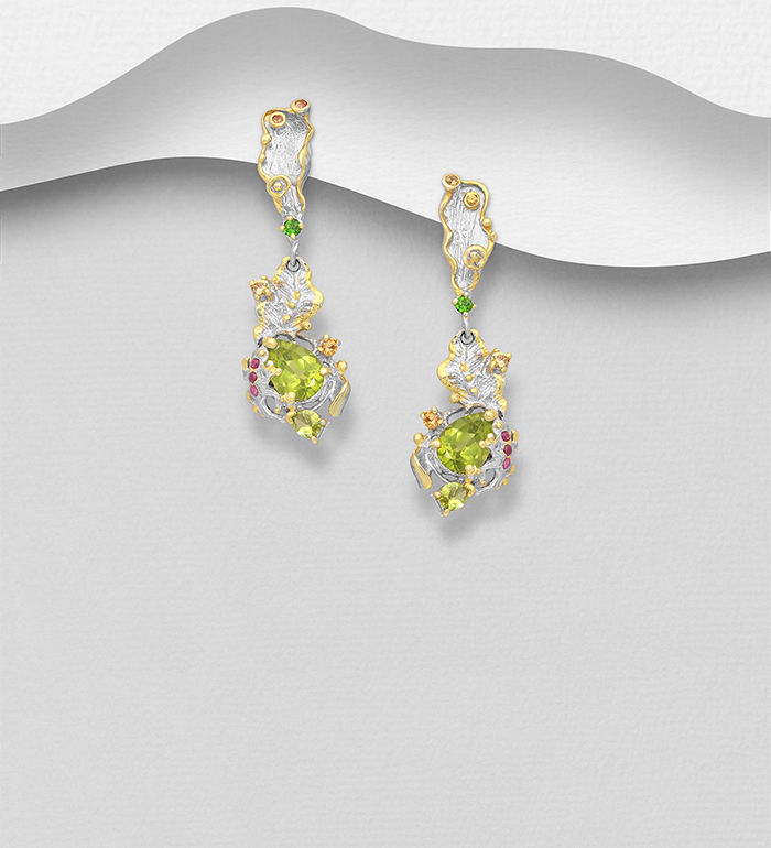 ADIORE JEWELS - Wholesale 925 Sterling Silver Push-Back Earrings, Decorated with Rhodolite, Chrome Diopside and Peridot, Plated with 3 Micron 22K Yellow Gold and White Rhodium - SKU #1916-220