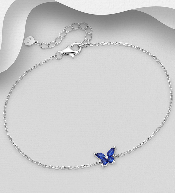 Wholesale 925 Sterling Silver Butterfly Bracelet, Decorated with Blue or Forest Green CZ Simulated Diamonds - SKU #701-24800
