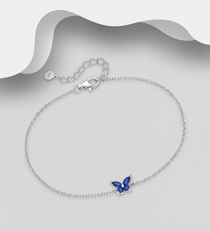 Wholesale 925 Sterling Silver Butterfly Bracelet, Decorated with Blue or Forest Green CZ Simulated Diamonds - SKU #701-24800