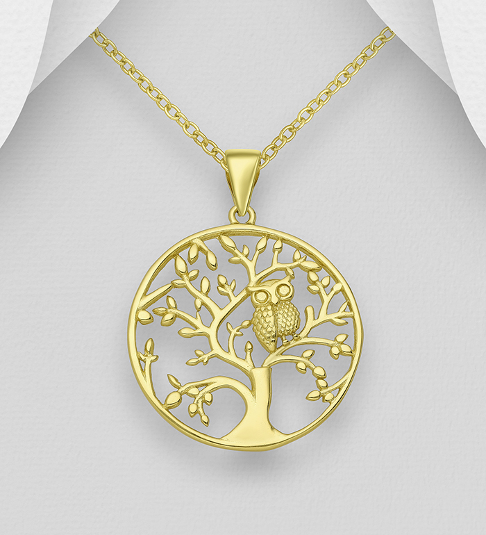 Wholesale 925 Sterling Silver Owl and Tree of Life Pendant, Plated with 1 Micron 14K Yellow Gold - SKU #706-31937A