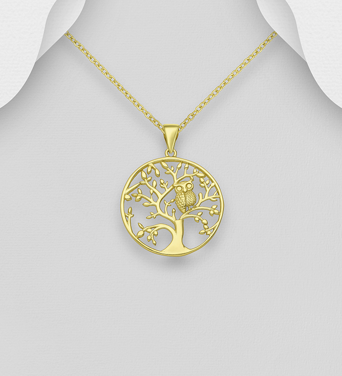 Wholesale 925 Sterling Silver Owl and Tree of Life Pendant, Plated with 1 Micron 14K Yellow Gold - SKU #706-31937A