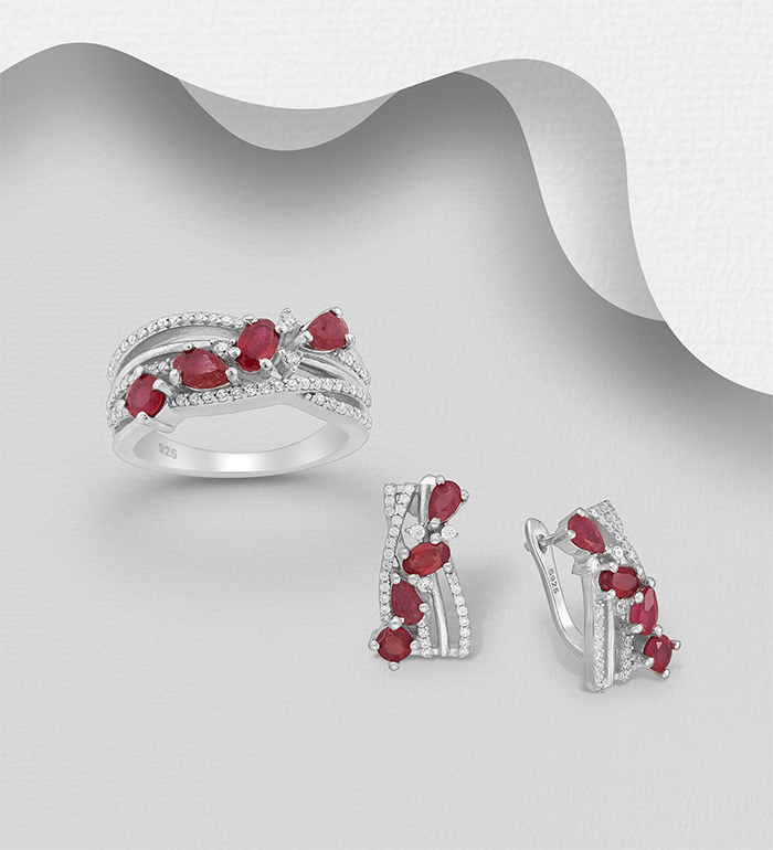 Wholesale 925 Sterling Silver Omega Lock Earrings and Ring Jewelry Set, Decorated with CZ Simulated Diamonds and Ruby - SKU #883-7420