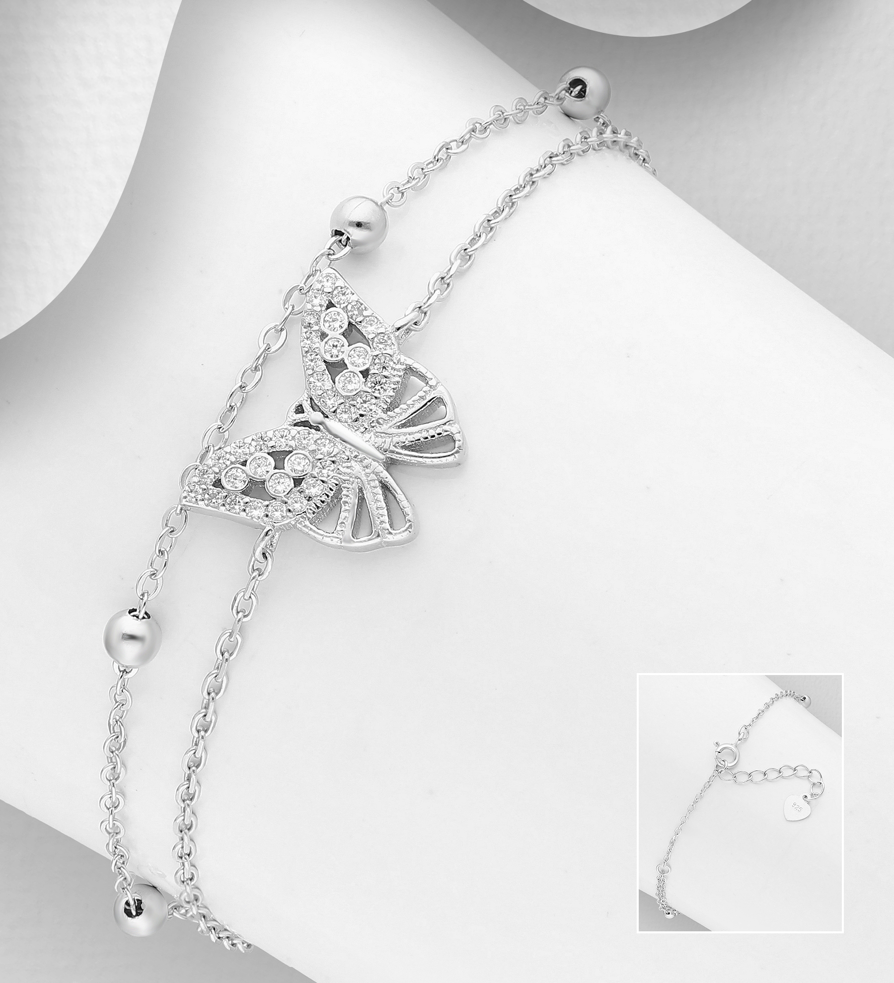 Wholesale 925 Sterling Silver Ball and Butterfly Bracelet, Decorated with CZ Simulated Diamonds - SKU #701-24838
