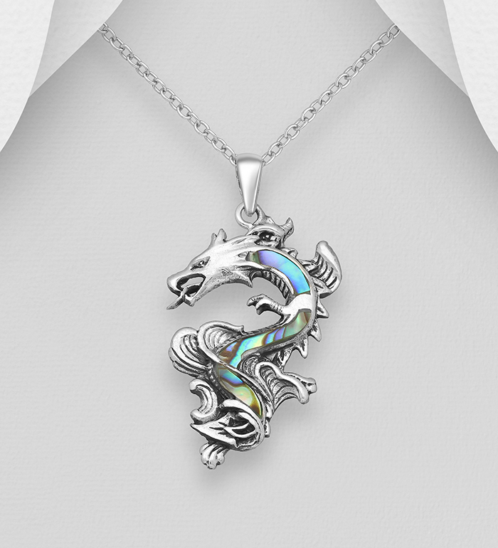 Wholesale 925 Sterling Silver Oxidized Dragon Pendant , Decorated with Shell - SKU #1563-824