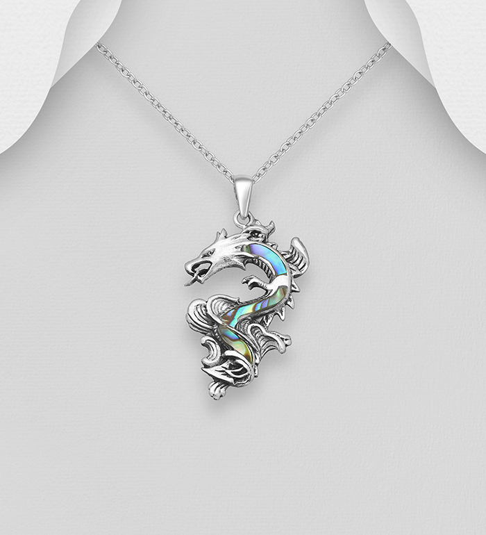 Wholesale 925 Sterling Silver Oxidized Dragon Pendant , Decorated with Shell - SKU #1563-824