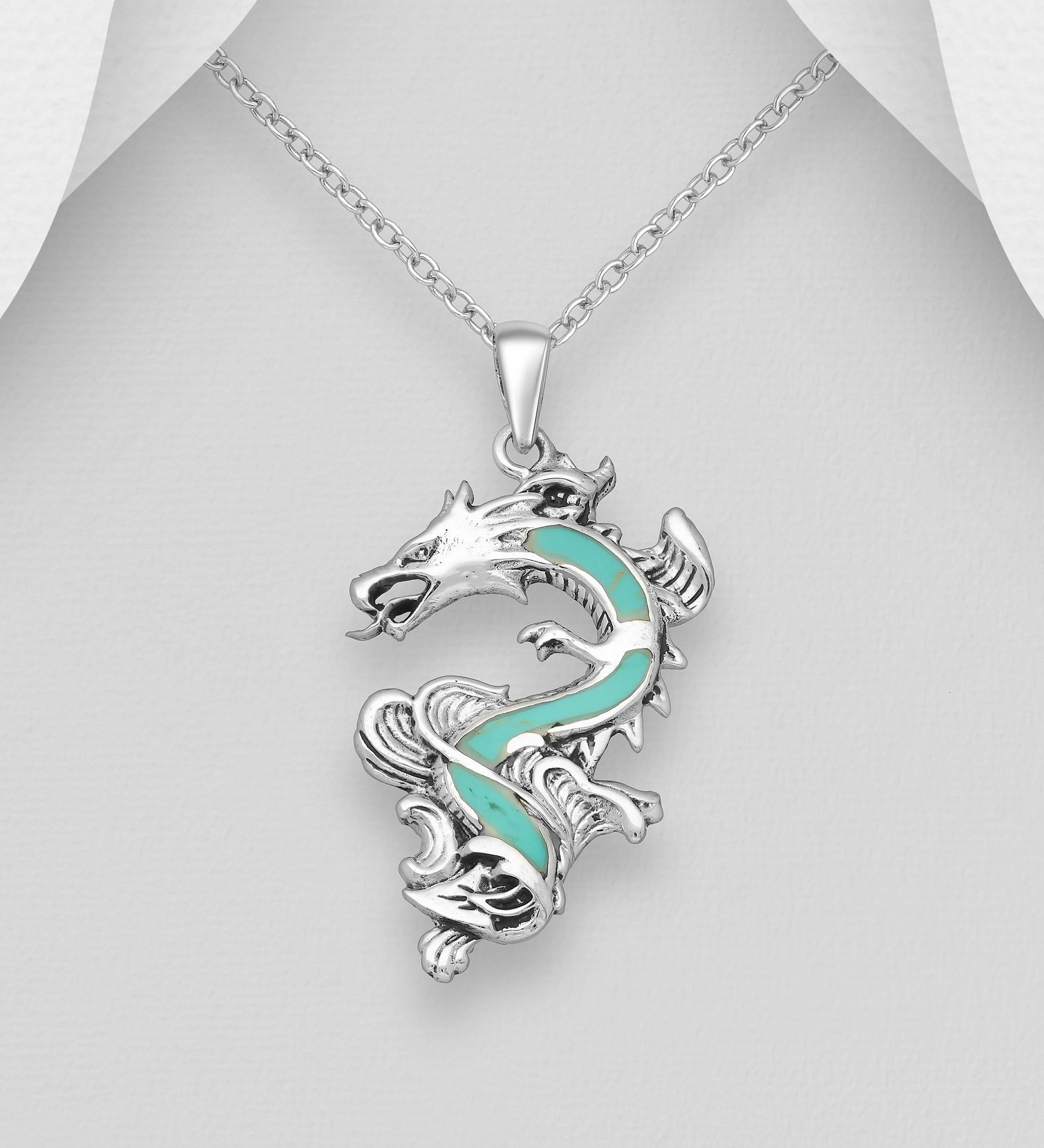 Wholesale 925 Sterling Silver Oxidized Dragon Pendant, Decorated with Resin - SKU #1563-825