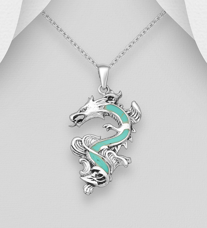 Wholesale 925 Sterling Silver Oxidized Dragon Pendant, Decorated with Resin - SKU #1563-825