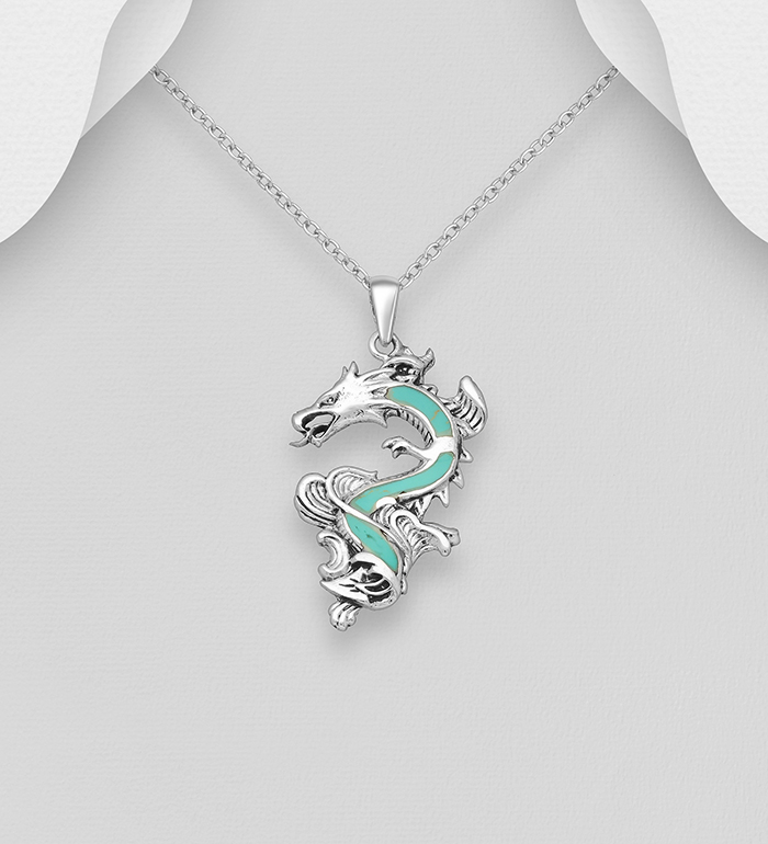 Wholesale 925 Sterling Silver Oxidized Dragon Pendant, Decorated with Resin - SKU #1563-825