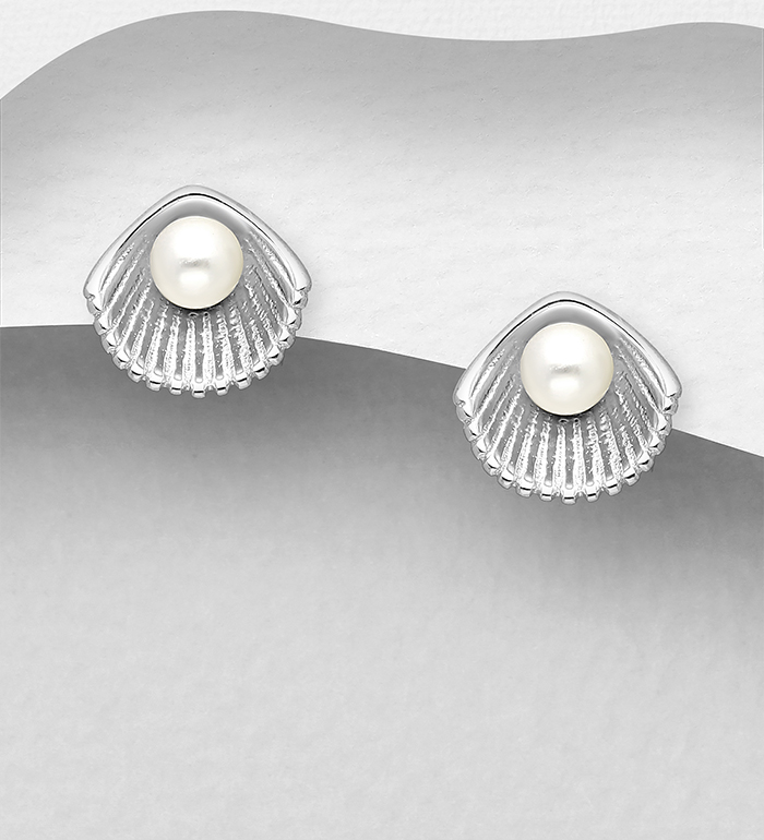 Wholesale 925 Sterling Silver Shell Push-Back Earrings, Decorated with FreshWater Pearls - SKU #964-1079
