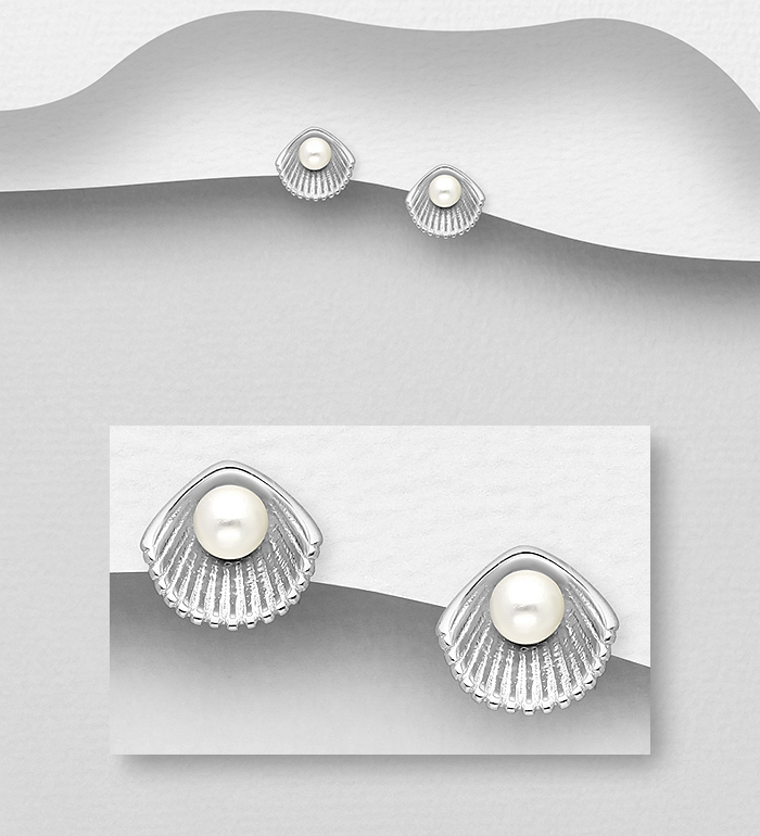 Wholesale 925 Sterling Silver Shell Push-Back Earrings, Decorated with FreshWater Pearls - SKU #964-1079