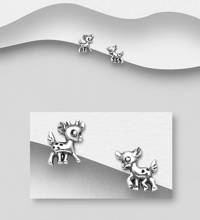 Wholesale 925 Sterling Silver Oxidized Deer Push-Back Earrings - SKU #1063-3014